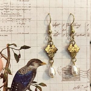 Elegant Gold Leaf Pearl Drop Earrings